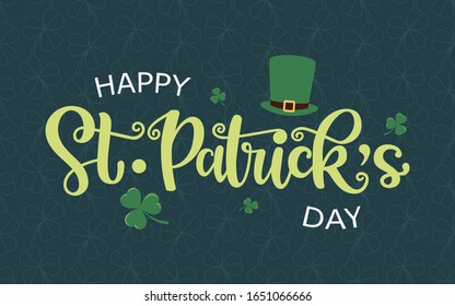 Vector design of St. Patrick’s Day logotype. Hand sketched lettering typography with leprechaun hat and clovers on textured background. Illustration for beer or ale festival poster, flyer, badge, icon