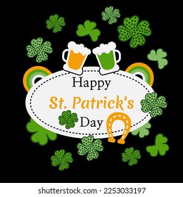 Vector design for St. Patrick's Day. Illustration with clover, rainbow, horseshoe and beer on a dark background. Postcard, square template, suitable for posting on social networks