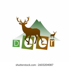 A vector design of a standing deer silhouette with a background of mountains and simple geometric shapes, conveying a sense of adventure and freedom in an open nature setting