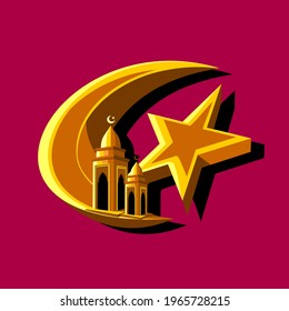 Diseño vectorial de la estrella y el símbolo de la luna y de la imagen de la mezquita en el fondo rojo