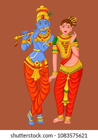 Vector design of statue of Indian God Radha and Krishna sculpture engraved on stone