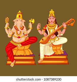 Vector design of statue of Indian God Ganesha and Saraswati sculpture engraved on stone