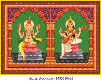 Vector design of statue of Indian God Ganesha  and Saraswati with vintage floral frame background