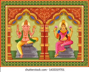 Vector design of statue of Indian God Lakshmi Ganesha with vintage floral frame background