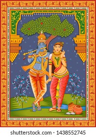 Vector design of statue of Indian God Radha and Krishna with vintage floral frame background