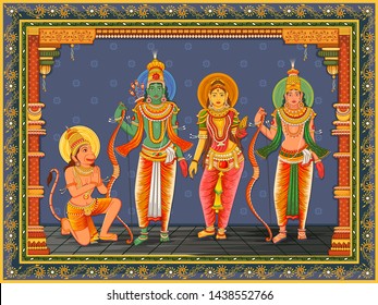 Vector design of Statue of Indian God Rama, Laxmana, Sita and Hanuman with vintage floral frame background
