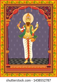 Vector design of statue of Indian God Vishwakarma with vintage floral frame background