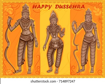 Vector design of Statue of Indian God Rama, Laxmana and Sita for Happy Dussehra festival of India