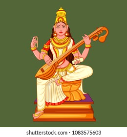 Vector design of statue of Indian Goddess Saraswati sculpture engraved on stone