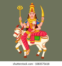 Vector design of statue of Indian Goddess Shailaputri sculpture one of avatar from Navadurga engraved on stone