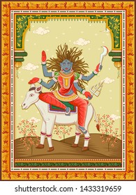 Vector design of statue of Indian Goddess Kaal Ratri one of avatar from Navadurga with vintage floral frame background