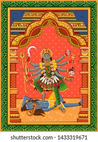 Vector design of statue of Indian Goddess Maa Kali with vintage floral frame background
