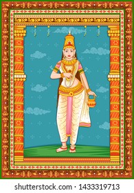 Vector design of statue of Indian Goddess Brahmacharini one of avatar from Navadurga with vintage floral frame background