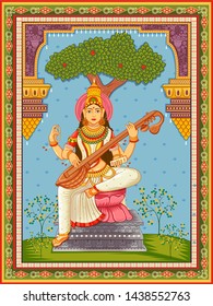 Vector design of statue of Indian Goddess Saraswati with vintage floral frame background