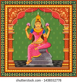 Vector design of statue of Indian Goddess Lakshmi with vintage floral frame background