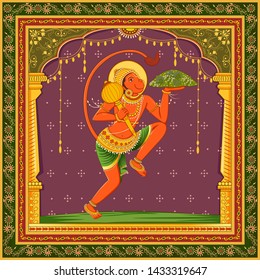 Vector design of statue of Indian Lord Hanuman with vintage floral frame background