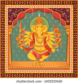 Vector design of statue of Indian Lord Ganesha with vintage floral frame background