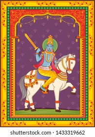 Vector design of statue of Indian Lord Kalki one of avatar from the Dashavatara of Vishnu with vintage floral frame background