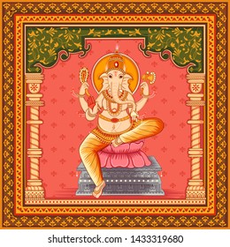 Vector design of statue of Indian Lord Ganesha with vintage floral frame background