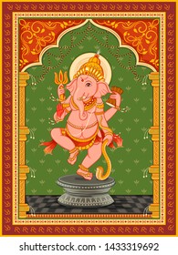 Vector design of statue of Indian Lord Ganesha with vintage floral frame background