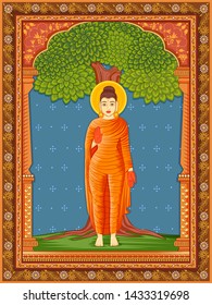 Vector design of statue of Indian Lord Buddha one of avatar from the Dashavatara of Vishnu with vintage floral frame background