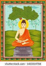 Vector design of statue of Indian Lord Buddha one of avatar from the Dashavatara of Vishnu with vintage floral frame background