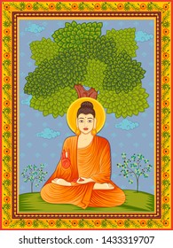 Diseño vectorial de la estatua del Señor Buda indio uno de los avatares de la Dashavatara de Vishnu con fondo vintage de marco floral