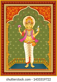 Vector design of statue of Indian Lord Brahma with vintage floral frame background