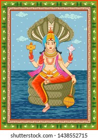 Vector design of statue of Indian Lord Vishnu with vintage floral frame background