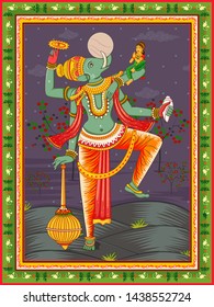 Vector design of statue of Indian Lord Varaha sculpture one of avatar from the Dashavatara of Vishnu with vintage floral frame background