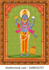 Vector design of statue of Indian Lord Vishnu with vintage floral frame background