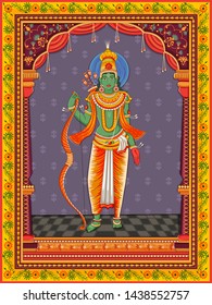 Vector design of statue of Indian Lord Rama with vintage floral frame background