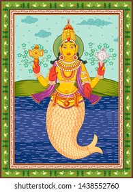 Vector design of statue of Indian Lord Matsya sculpture one of avatar from the Dashavatara of Vishnu with vintage floral frame background