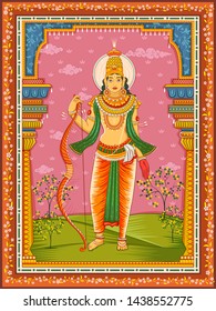 Vector design of statue of Indian Lord Rama with vintage floral frame background