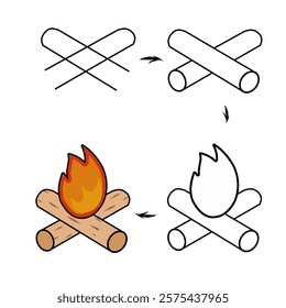 vector design step by step drawing bonfire, tutorial drawing bonfire, how to draw fire