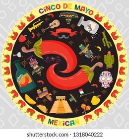 vector design stickers in circular ornament on the theme of Cinco de mayo celebration day in flat style, signs and symbols of Mexican culture