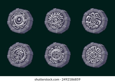 Vector design of stone symbols of ancient Aztec Civilization, hieroglyphs of the Maya calendar. Symbols for your 2D games or slots