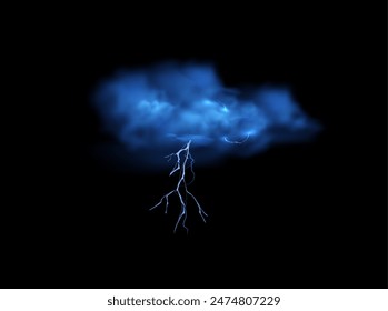 Vector design of a stormy blue sky with smoke and fog effects, accentuated by the radiance of branched lightning to create spectacular background images