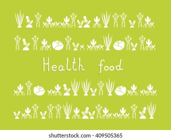 Vector design style plane different image of vegetables as onion cabbage radish carrot on green background 