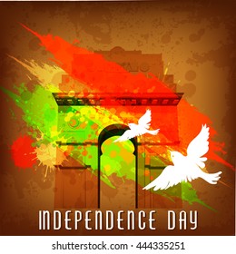 vector design with stylish text vandematram on india gate and grungy national flag and water splash brown background for Indian Independence Day celebration.