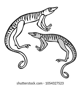 Vector design with stylized ancient animals,dinosaurs.Hand-drawn, scanned and translated into a vector.In black and white style.Can be used for printing on paper, stickers, badges, bijouterie, tattoo.