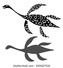 Vector design with stylized ancient animals,dinosaurs.Hand-drawn, scanned and translated into a vector.In black and white style.Can be used for printing on paper, stickers, badges, bijouterie, tattoo.