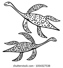 Vector design with stylized ancient animals,dinosaurs.Hand-drawn, scanned and translated into a vector.In black and white style.Can be used for printing on paper, stickers, badges, bijouterie, tattoo.