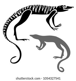 Vector design with stylized ancient animals,dinosaurs.Hand-drawn, scanned and translated into a vector.In black and white style.Can be used for printing on paper, stickers, badges, bijouterie, tattoo.