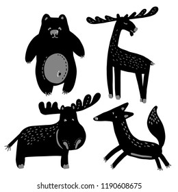 Vector design with stylized animals.In black and white style. Can be used for printing on paper, stickers, badges, bijouterie.