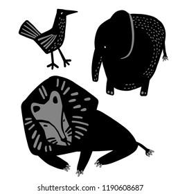 Vector design with stylized animals.In black and white style. Can be used for printing on paper, stickers, badges, bijouterie.