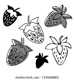 Vector design with stylized image of Strawberry. In black and white style. Can be used for printing on paper, stickers, badges, bijouterie.