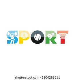 Vektordesign eines stilisierten Ausdrucks für Kleidung mit der Inschrift Sport. Mit verschiedenen Sportarten