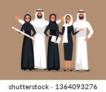 Vector Design with successful creative business team of  Muslim and Caucasian people working together on a joint project. Multicultural Group of young women and men standing together at startup