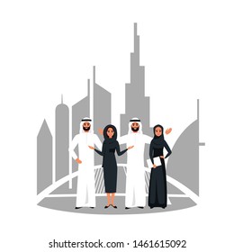 Vector Design with successful creative business team of  Muslim people working together on a joint project in Dubai. Multicultural Group of young women and men standing together at startup